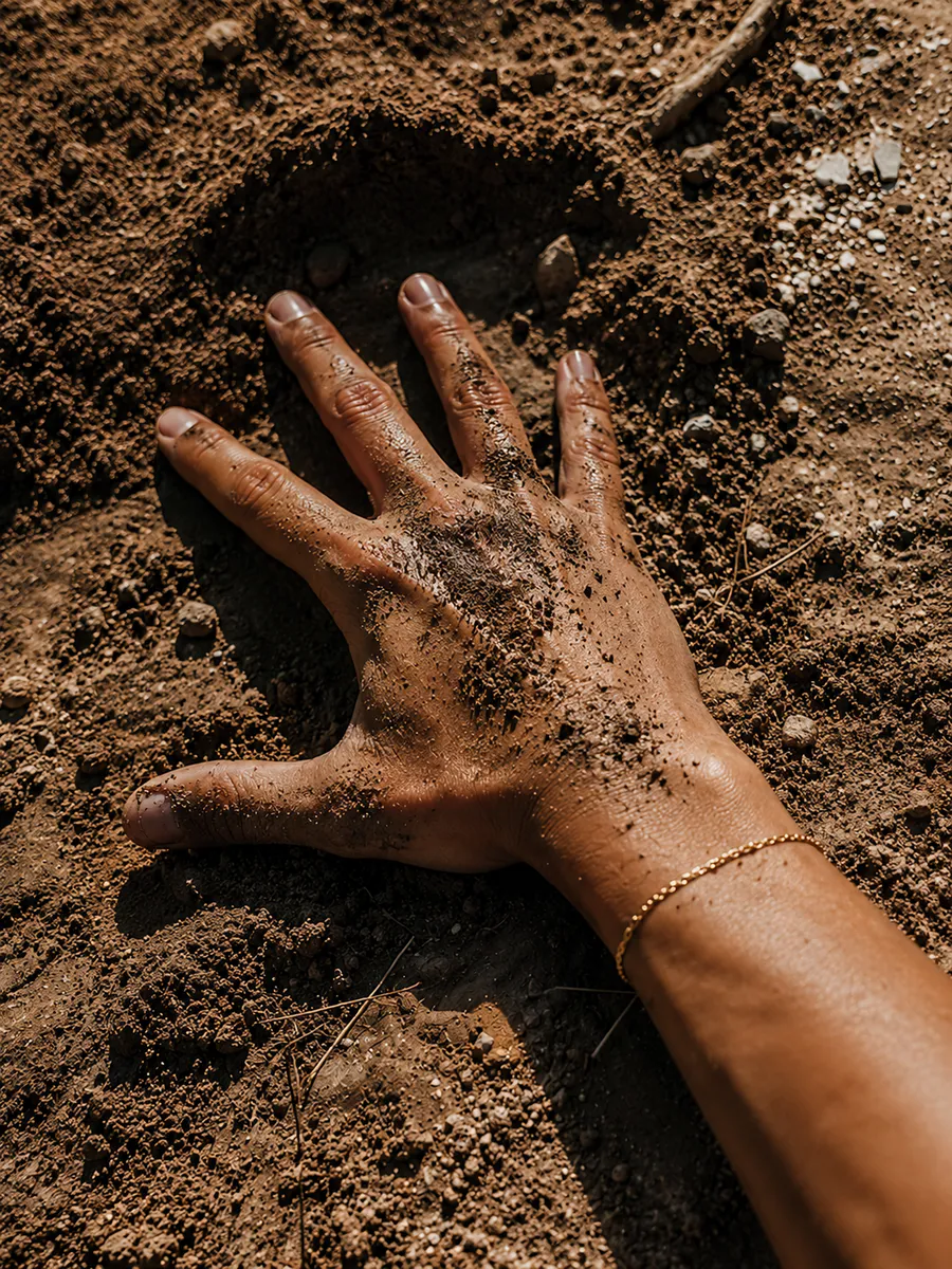A hand pressing into raw earth